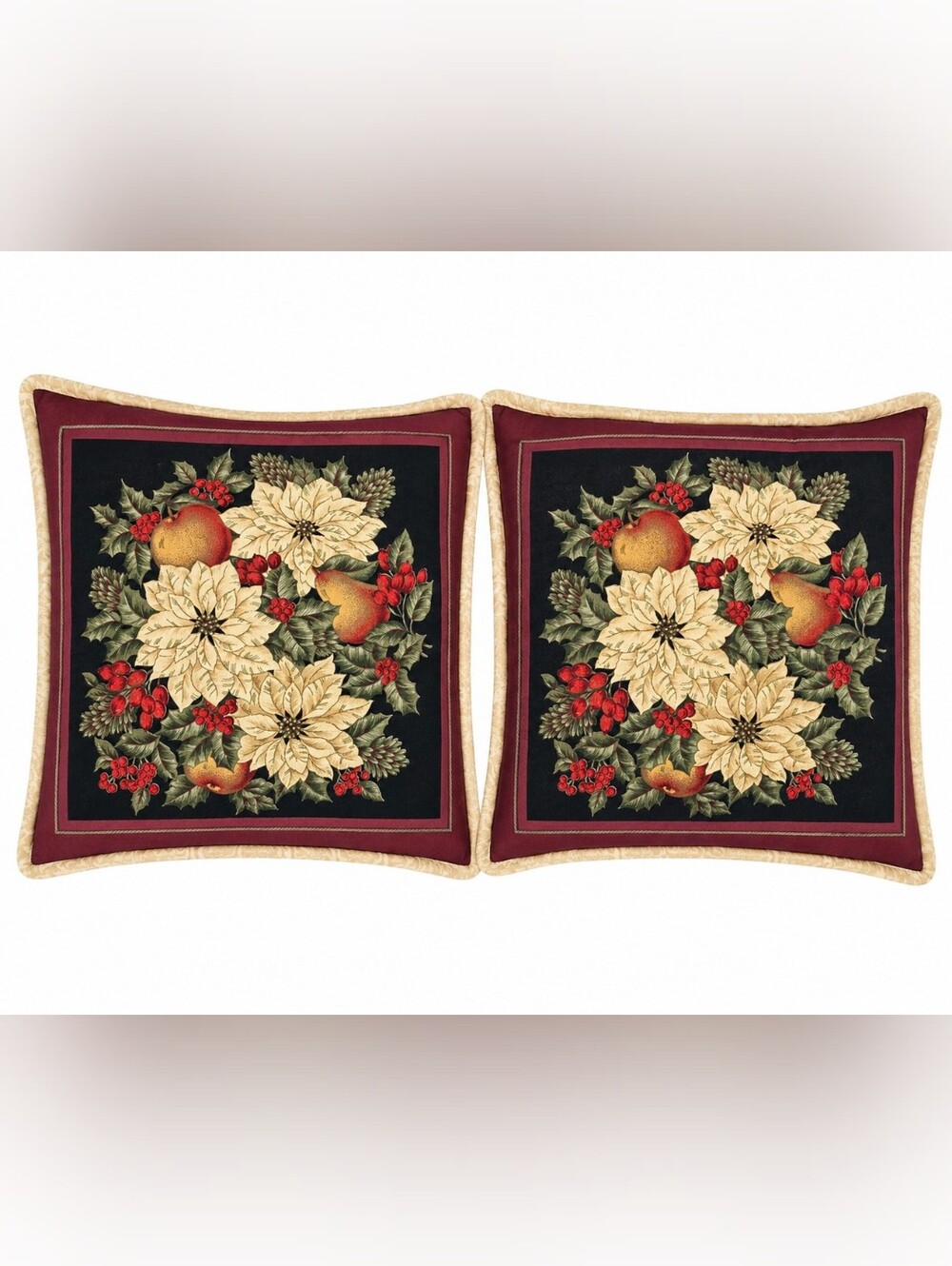 Vtg Christmas Poinsettia Pear Throw Pillows Burgundy Holiday Cottage Set Of Two
